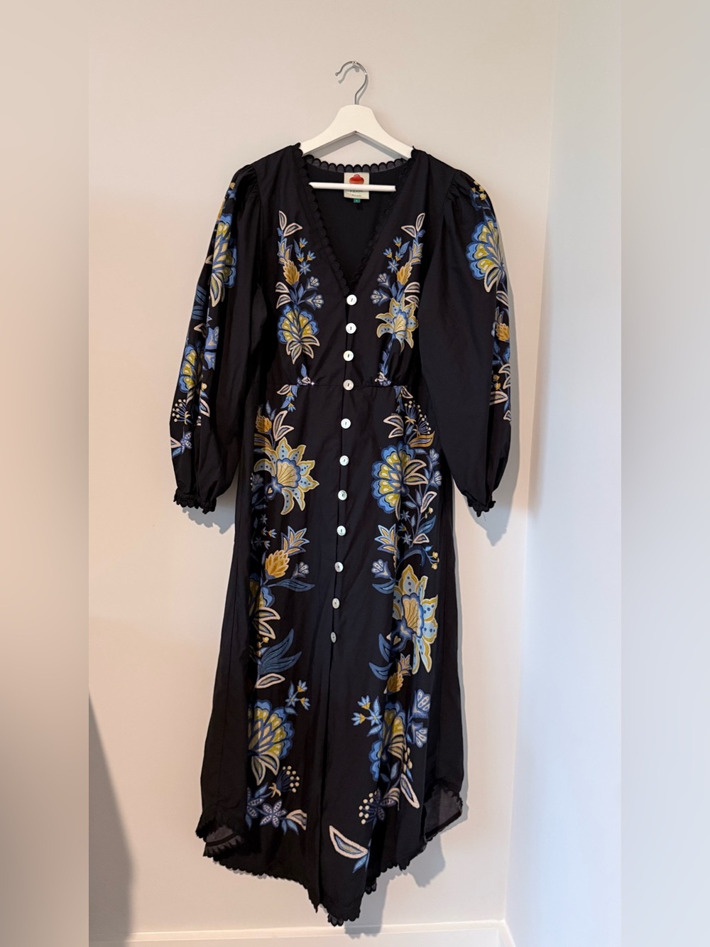 FARM Rio Stitched Garden Floral Black Midi Dress Fairycore Boho Women L Vacation - Picture 7 of 16